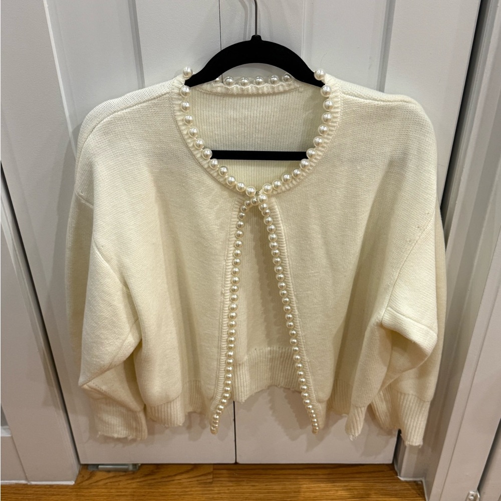 Commense Ivory Cardigan with Pearl Accents